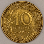 Numismática, FRANCE. Uma Moeda 10 Centimes 1967