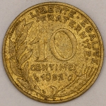 Numismática, FRANCE. Uma Moeda 10 Centimes 1982