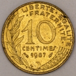 Numismática, FRANCE. Uma Moeda 10 Centimes 1987