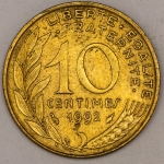 Numismática, FRANCE. Uma Moeda 10 Centimes 1992