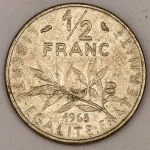 Numismática, FRANCE. Uma Moeda 1/2 Franc 1965