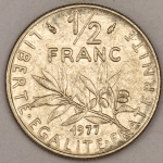 Numismática, FRANCE. Uma Moeda 1/2 Franc 1977