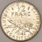 Numismática, FRANCE. Uma Moeda 1/2 Franc 1986