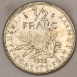 Numismática, FRANCE. Uma Moeda 1/2 Franc 1992