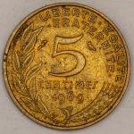 Numismática, FRANCE. Uma Moeda 5 Centimes 1969