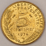 Numismática, FRANCE. Uma Moeda 5 Centimes 1974