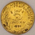 Numismática, FRANCE. Uma Moeda 5 Centimes 1981