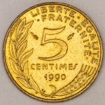Numismática, FRANCE. Uma Moeda 5 Centimes 1990