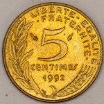 Numismática, FRANCE. Uma Moeda 5 Centimes 1992