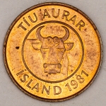 Numismática, ICELAND. Uma Moeda 10 Aurar 1981