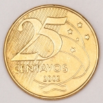 Numismática, Brasil. Moeda de 25 centavos ano 2002. Reverso inclinado a direita. V504. Oportunidade. 