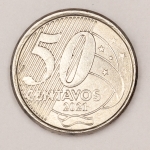 Numismática, Brasil. Moeda de 50 centavos ano 2021. Reverso inclinado a direita. V539. Oportunidade.