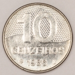 Numismática, Brasil. Moeda de 10 cruzeiros ano 1986. Data mais rara da série. Tiragem 39.109.000. Série Mapa do Brasil. Flor de cunho. V.361.