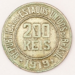Numismática, Brasil. Moeda de 200 réis. República ano 1919. 25mm. V.091. Oportunidade. 