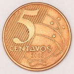 Numismática, Brasil. Moeda de 5 centavos 2008. com a letra A de `centavos` fechada. Cunhagem 28.672.000 (A 3ª mais rara da série) V474. 