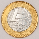 Numismática, Brasil. Moeda de 1 real ano 2015. 50 anos do Banco do Brasil com reverso inclinado a direita. Tiragem. 50.000.000. V.578.