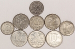 Numismática, Brasil. Lote com 9 moedas de 1, 5, 10, 50, 100, 500 e 1000 cruzeiros novos anos 1990, 1991, 1992 e 1993. Já escassas. 