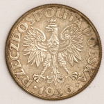 Numismática, Polônia. Moeda de 2 Slots Ano 1936 Prata 4,4g. 22mm. 15º aniversário do Porto Marítimo de Gdynia. Escassa KMH. 30