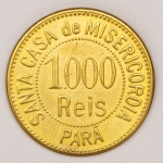 Numismática, Moeda particular de 1000 réis do Leprosário da Santa Cada da Misericórdia do Pará. Folheada a ouro 24k. 30mm. Cópia. 