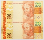 Numismática, Brasil. Lote com 2 cédulas de 20 reais sendo: JH006279359 e JH006279360. Flor de estampa. 