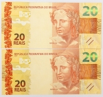 Numismática, Brasil. Lote com 2 cédulas de 20 reais sendo: JI042995099 e JI042995099. Seriadas. Escassas. Flor de estampa. 