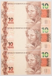 Numismática, Brasil. Lote com 3 cédulas de 10 reais sendo: IF033685555; IF033685556 e IF033658557. Seriadas. Escassas. Flor de estampa. 