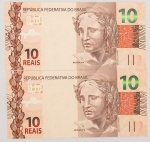 Numismática, Brasil. Lote com 2 cédulas de 10 reais sendo HG010220614 e HG010220615. Seriadas. Escassas. Flor de estampa. 