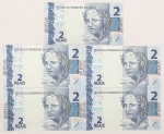 Numismática, Brasil. Lote com 5 cédulas de 2 reais sendo MA034731628; MA034731629;MA034731630; MA034731631 e MA034731632. Flor de estampa. 