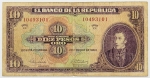 Numismática, Colômbia. Cédula de 10 Pesos Oro 1963 P-389f