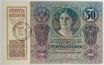 Numismática, Romênia. Cédula de 50 Coroas 1919 P-R7 sobre Áustria P-15.