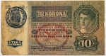 Numismática, Romênia. Cédula de 10 Coroas 1919 P-R13 sobre Áustria P-19.