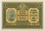 Numismática, Itália. Cédula de 2 Liras 1918 P-M5 AU
