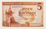 Numismática, Islândia. Cédula de 5 Kronor 1957 P-37b FE