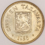 Numismática, Finlândia. 200 markkaa. 1958. Prata. Rara cotação U$50,00