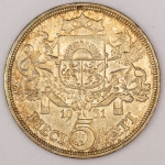 Numismática, Latvia 5 lats. 1931. Prata 1ª República. KM9. Prata 835. 25g. Alta cotação. 37mm. 