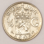 Numismática, Índia Holandesa. 1/4G. 1945. Prata.