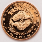 Numismática, USA.  Onça de cobre. Grande procura pela temárica. Signo Peixes. 