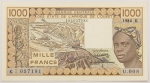Numismática, África Central. 1984. 1000 francos. 4 furos de grampos. 