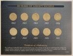 Numismática, USA. Cartela com 10 moedas de V cents Históricos. 1902 a 1911. Certificada.