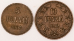 Numismática, Finlandia. 2 peças e 5 e 10 pennia.