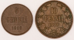 Numismática, Finlandia. 2 peças e 5 e 10 pennia. 