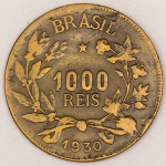 Numismática, Brasil. 1000 réis. 1930. V133. 2ª mais rara da série. Menor cunhagem. Somente 45.000 peças. 