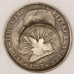 Numismática, Brasil. 200 réis. 1867. Cabecinha. Prata. P627. Com carimbo do Divino. 