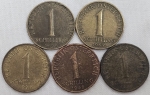 Numismática, Áustria. Lote com cinco moedas de 1 Schilling, anos 1967, 1969, 1979, 1985 e 1990.