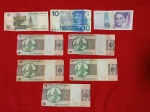 LOTE CONTENDO OITO CÉDULAS ANTIGAS DE 10 RUBLOS RUSSIA, 10 DEUTSCHE MARK ALEMANHA, 10 GULDEN HOLANDA E 10 CRUZEIROS BRASIL.
