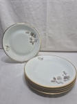 Jogo de 5 pratos rasos de mesa em porcelana Renner Medaillon, floral com friso ouro. Medindo 25cm de diâmetro. Com desgaste no friso.