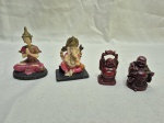 Lote de 4 enfeites de Deuses orientais em resina colorida. Medindo o maior 8cm de altura.