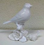 Duas estatuas em porcelana branca de pássarinho e filhote  com diversos detalhes em cima de galhos rodeado de folhas e flores. Mede : 12 cm - (MARG15)