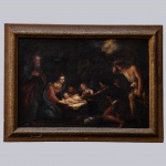 NOTÁVEL E EXPRESSIVA PINTURA EUROPÉIA DO SÉCULO XIX REPRESENTANDO CENA RELIGIOSA DA NATIVIDADE, COM