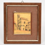 ARTE ITALIANA, uma (1) pintura sobre folha de ouro, representando paisagem com casario, marca Miniati & Capigatti, Florença, assinada no CID com as iniciais G. L., medindo com moldura 15,5 x 17 cm, vide foto.